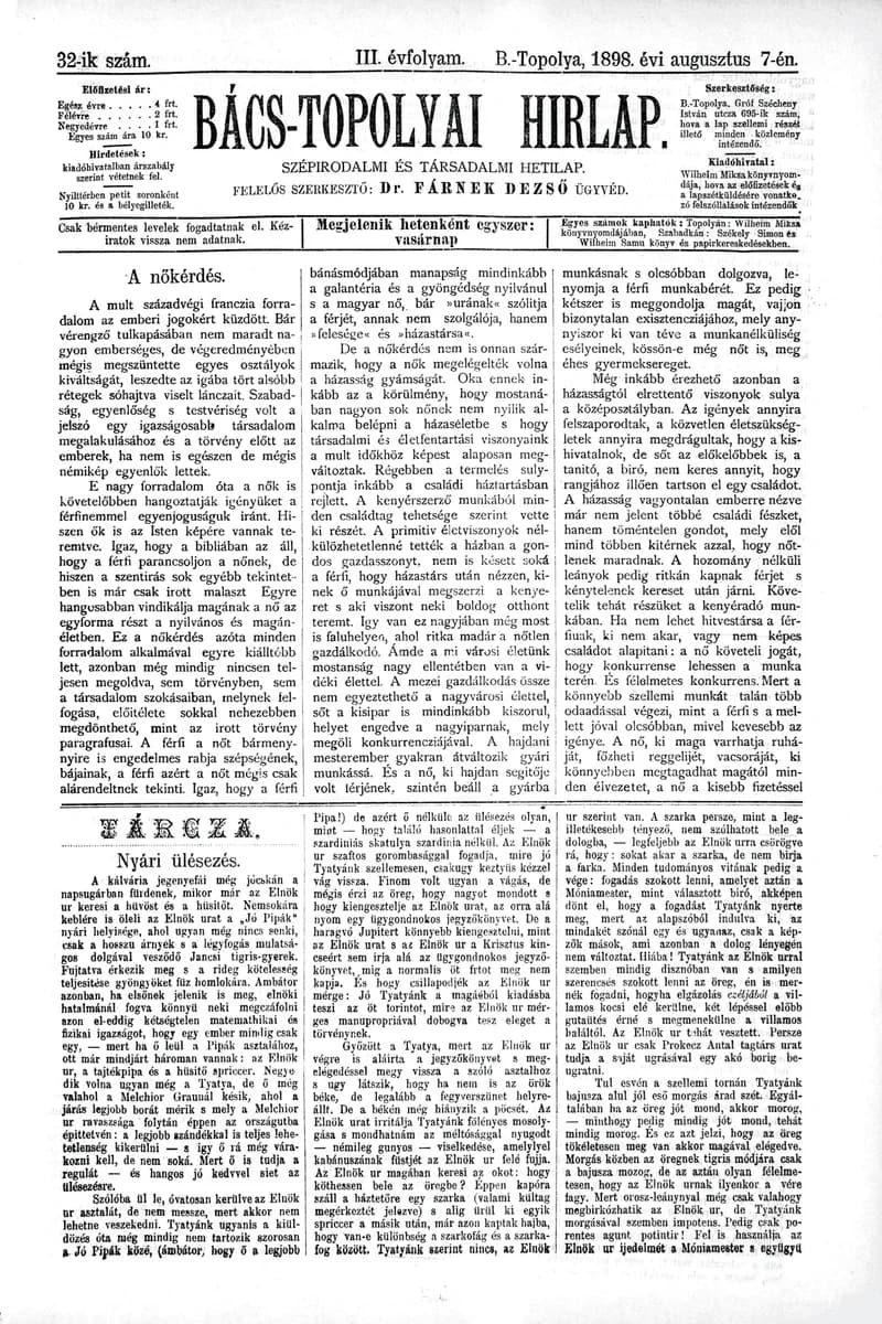 Bács-Topolyai Hirlap, 3. évf. 1898. augusztus 7. 32. sz.