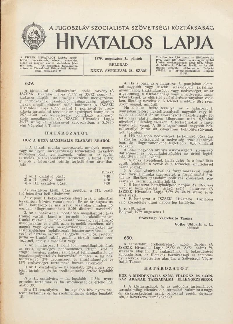 A Jugoszláv Szocialista Szövetségi Köztársaság Hivatalos Lapja, 35. évf. 1979. augusztus 3. 38. sz. 1229–1252. oldal