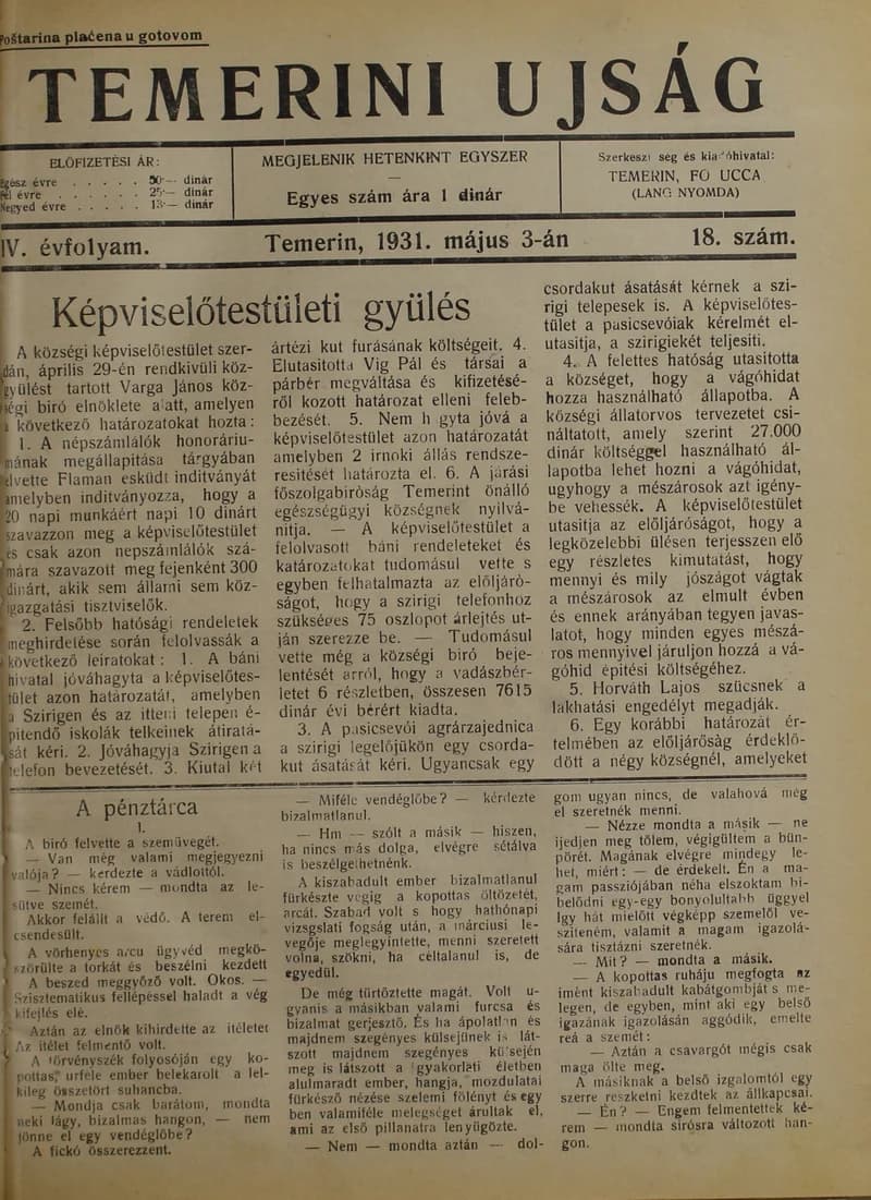 Temerini Újság 1928-1944, 4. évf. 1931. május 3. 18. sz.