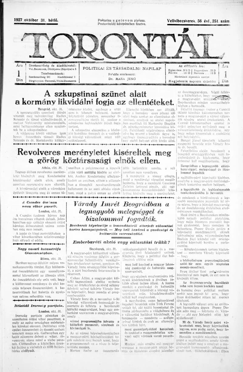 Torontál, 56. évf. 1927. október 31. 251. sz.