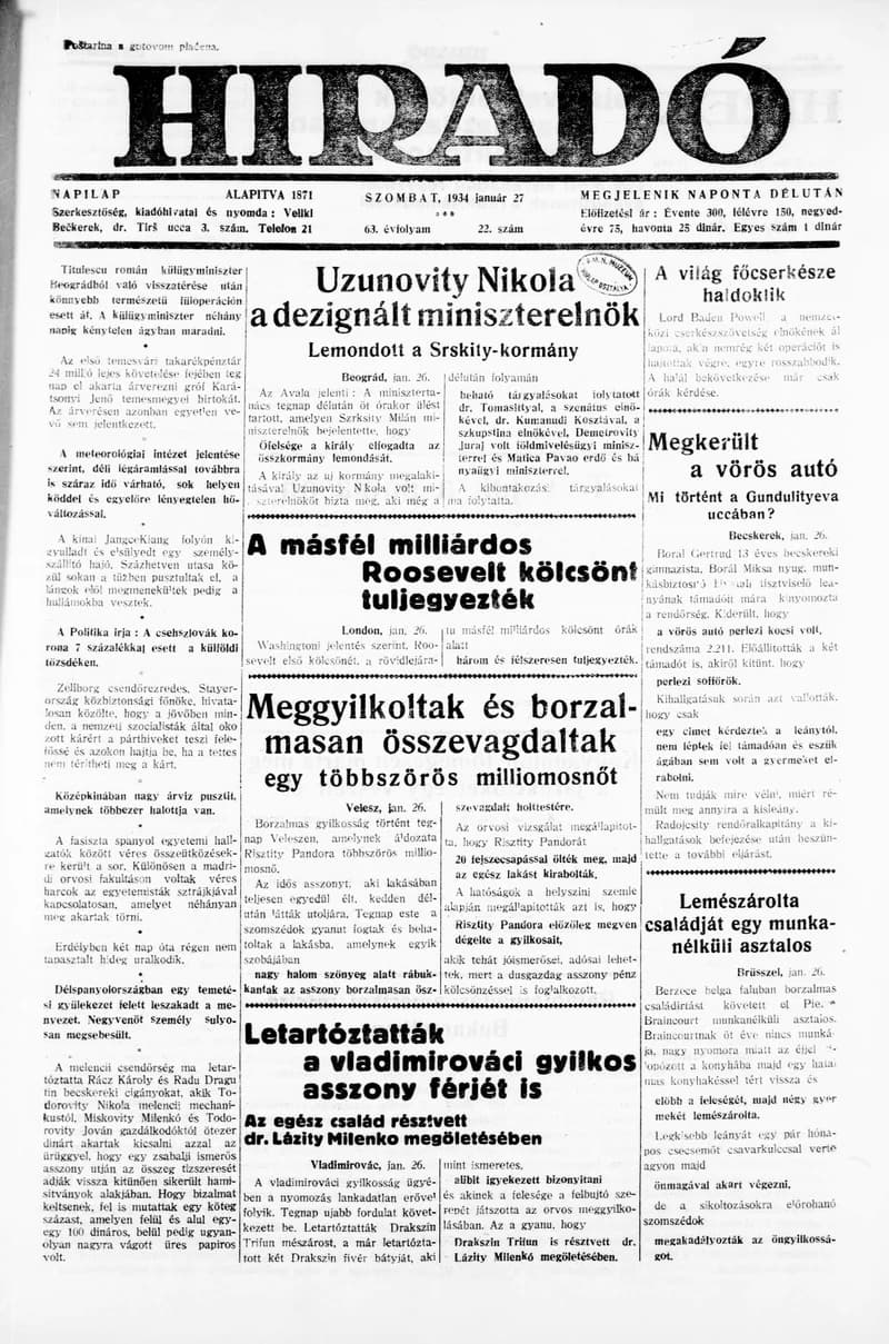 Híradó, 63. évf. 1934. január 27. 22. sz.