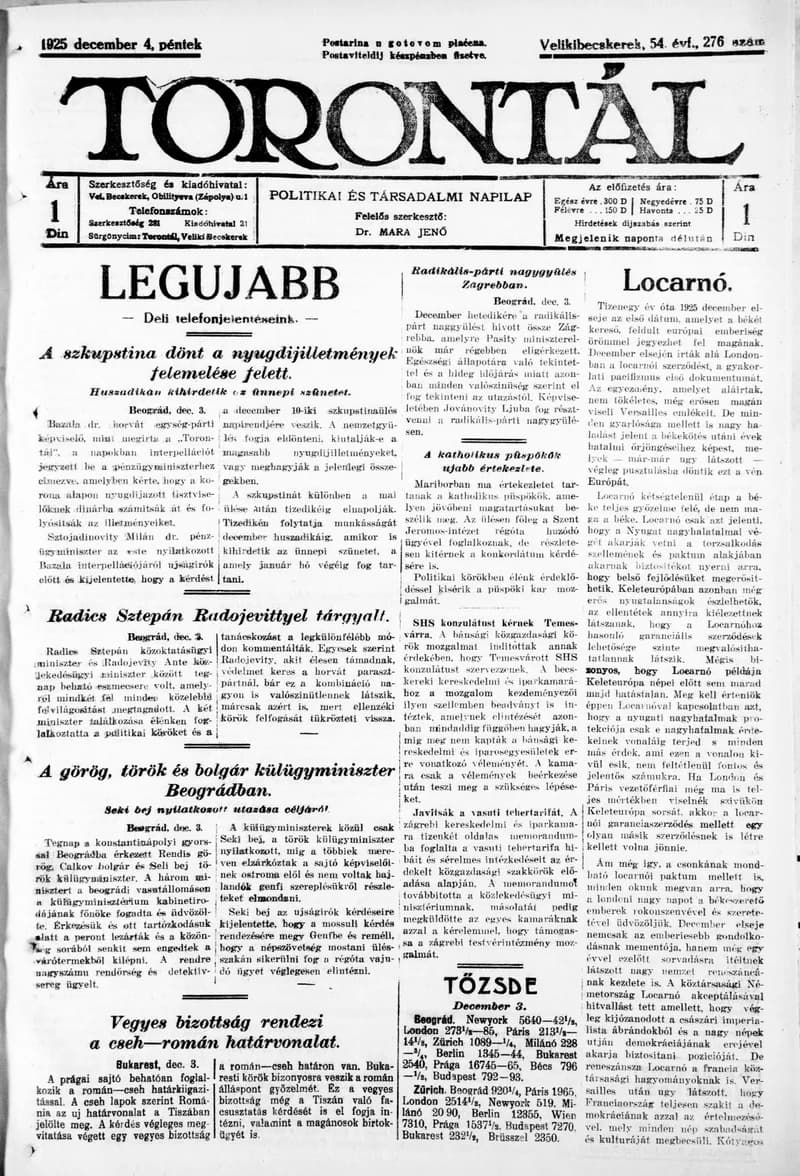 Torontál, 54. évf. 1925. december 4. 276. sz.