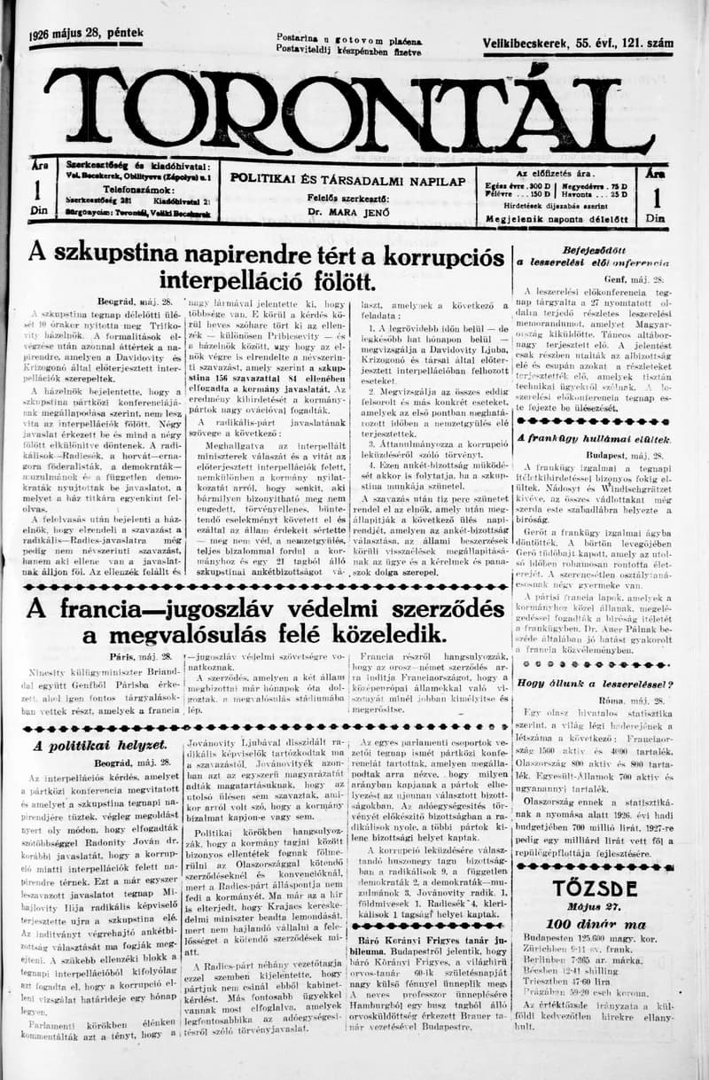 Torontál, 55. évf. 1926. május 28. 121. sz.