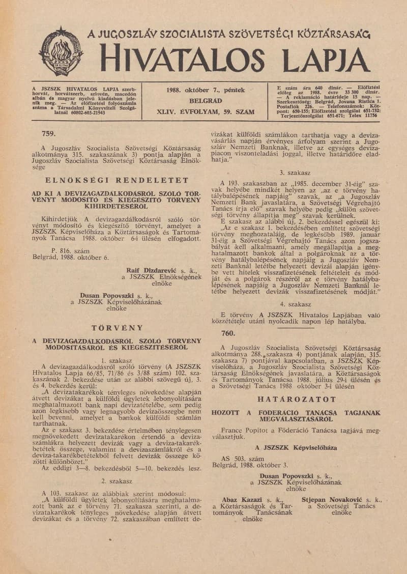 A Jugoszláv Szocialista Szövetségi Köztársaság Hivatalos Lapja, 44. évf. 1988. október 7. 59. sz. 1533–1548. oldal
