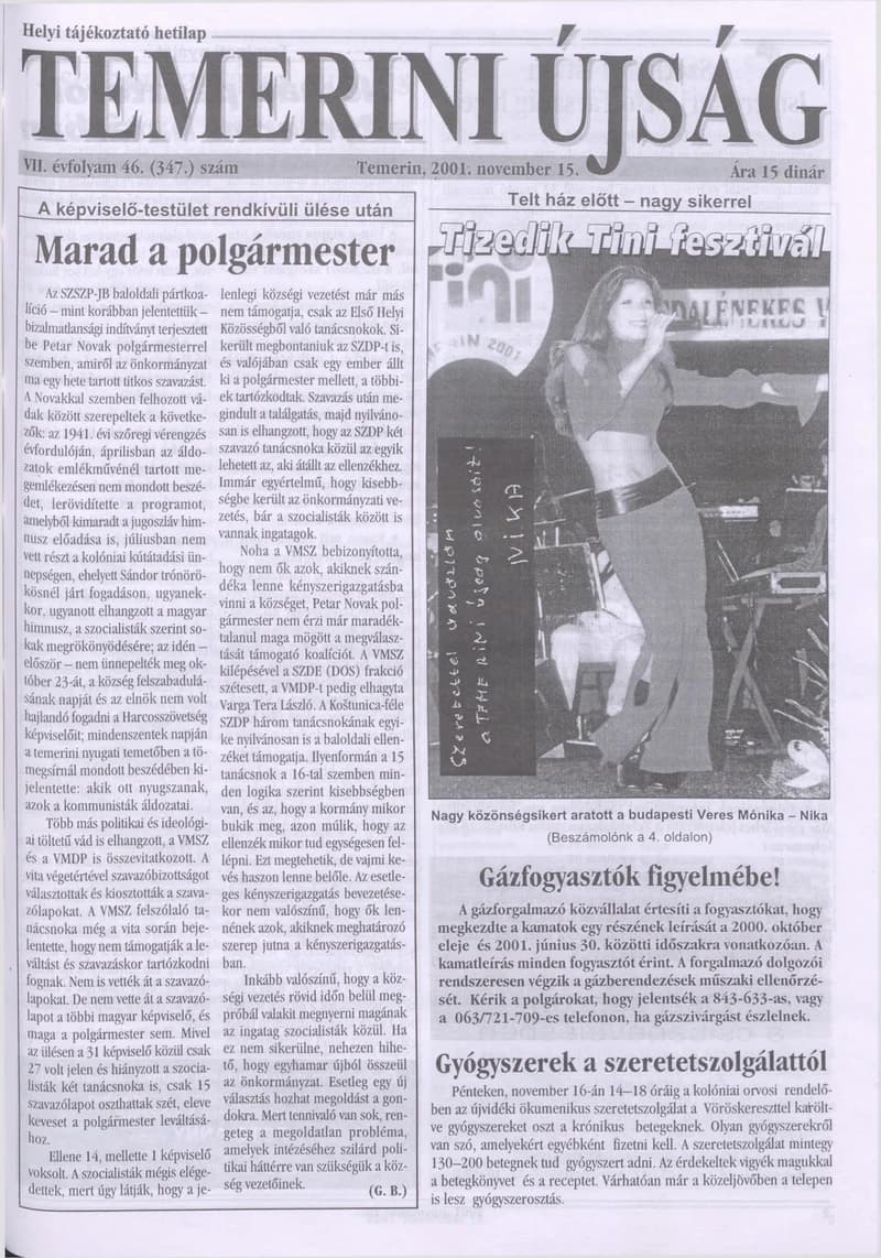 Temerini Újság, 7. évf. 2001. november 15. 46. sz.