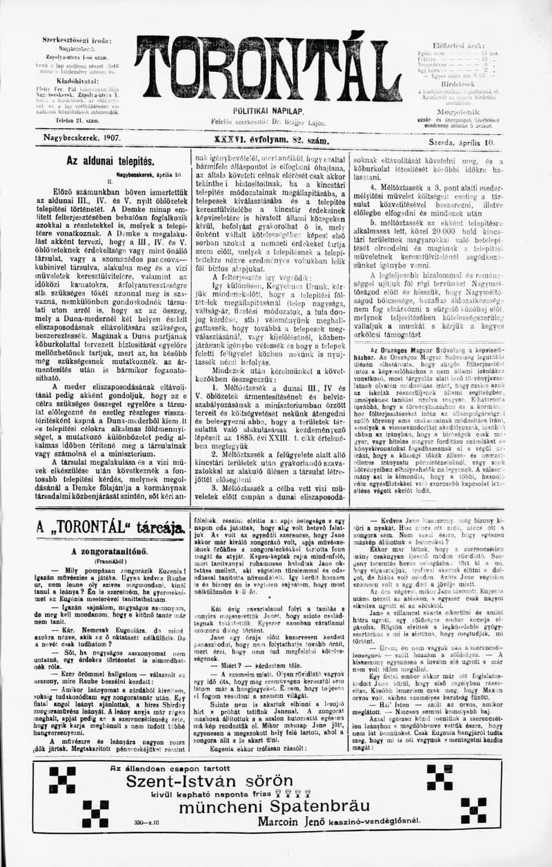 Torontál, 36. évf. 1907. április 10. 82. sz.
