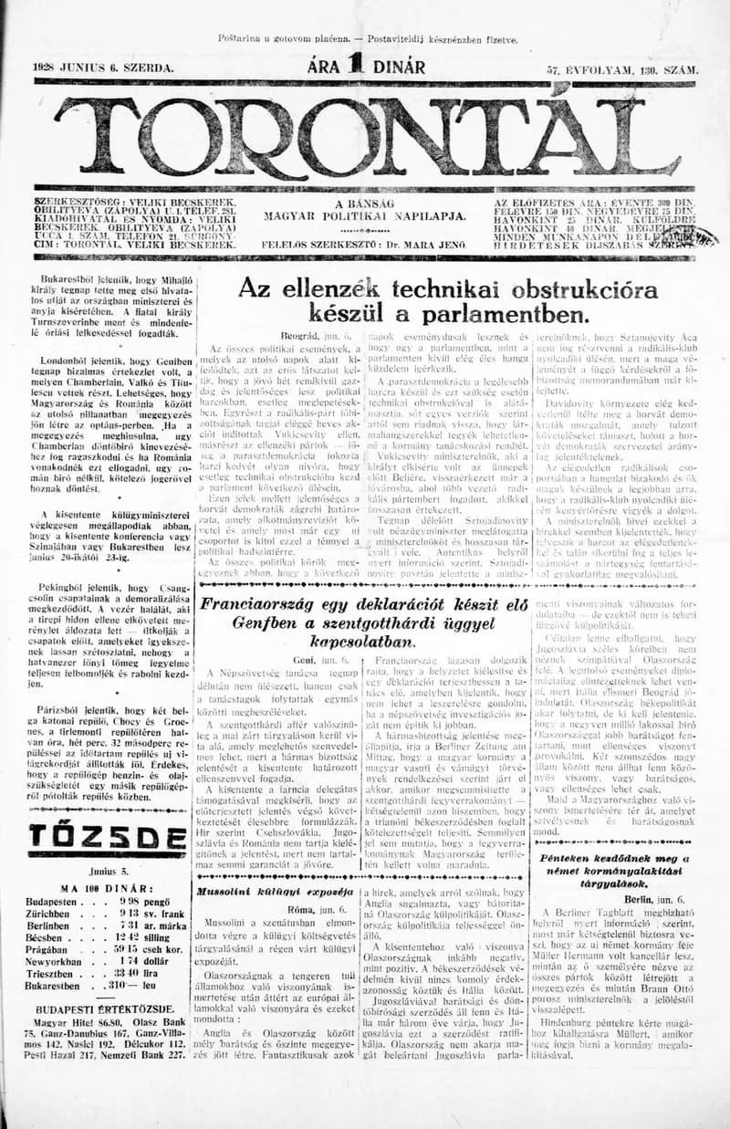 Torontál, 57. évf. 1928. június 6. 130. sz.