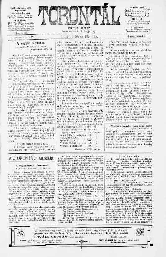 Torontál, 34. évf. 1905. október 11. 232. sz.