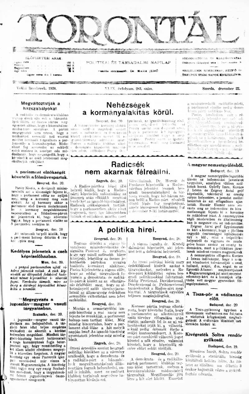 Torontál, 49. évf. 1920. december 22. 283. sz.