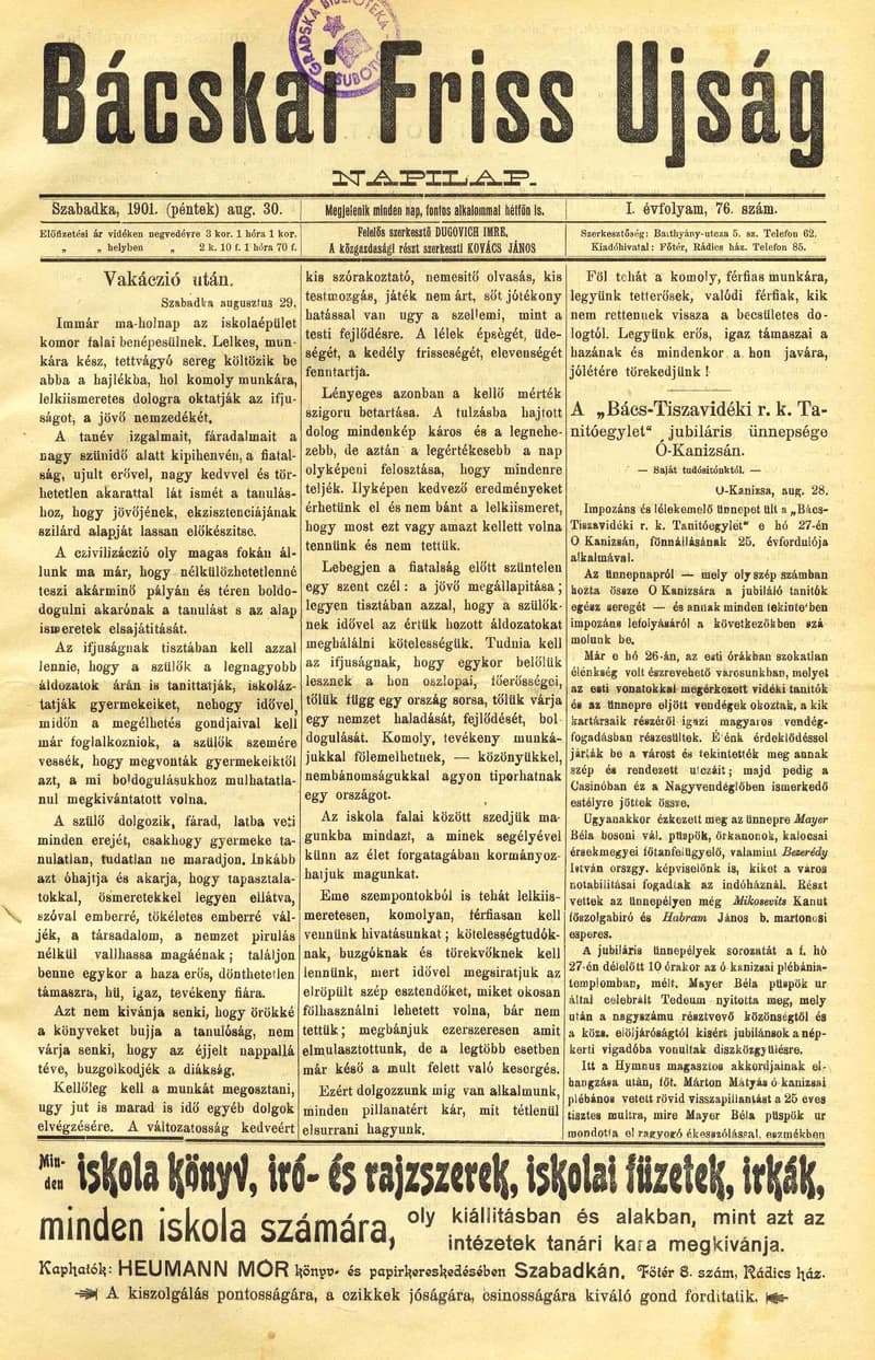 Bácskai Friss Ujság, 1. évf. 1901. augusztus 30. 76. sz.