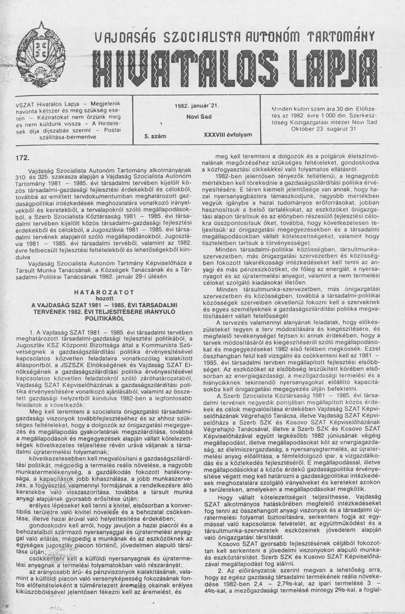 Vajdaság Szocialista Autonóm Tartomány Hivatalos Lapja, 38. évf. 1982. február 27. 5. sz.