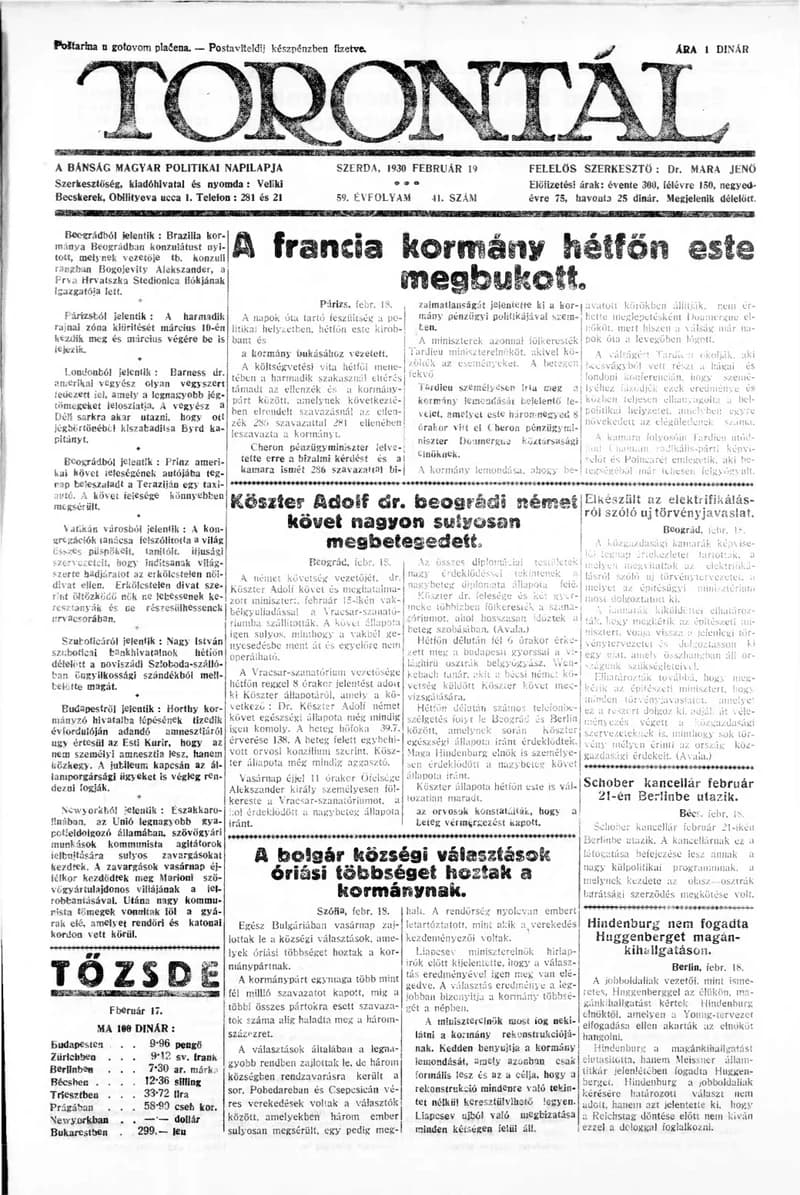 Torontál, 59. évf. 1930. február 19. 41. sz.