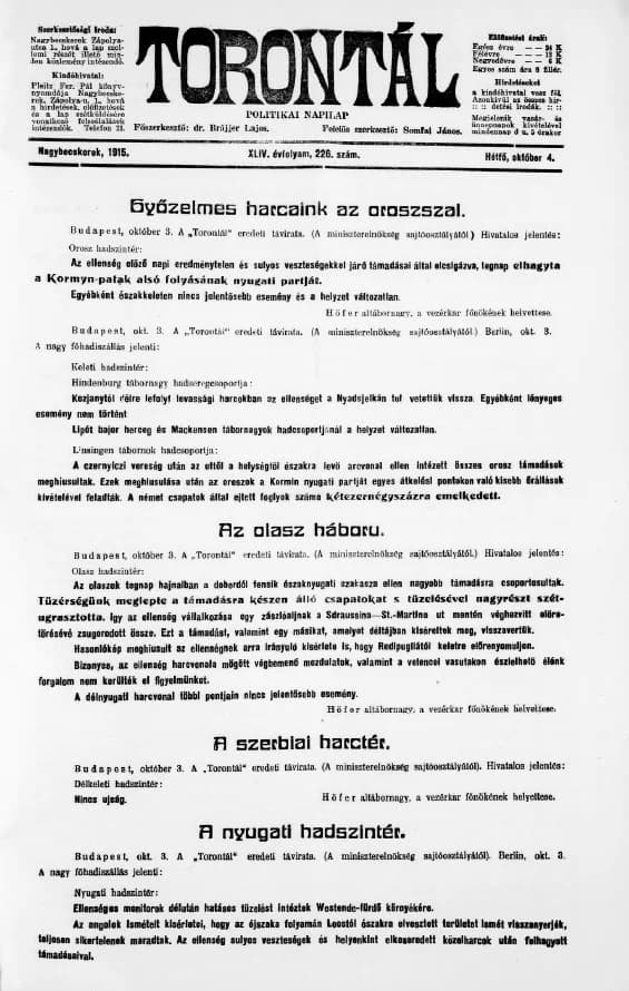 Torontál, 44. évf. 1915. október 4. 226. sz.