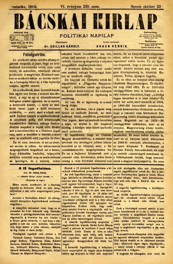 Bácskai Hirlap, 6. évf. 1902. október 22. 219. sz.