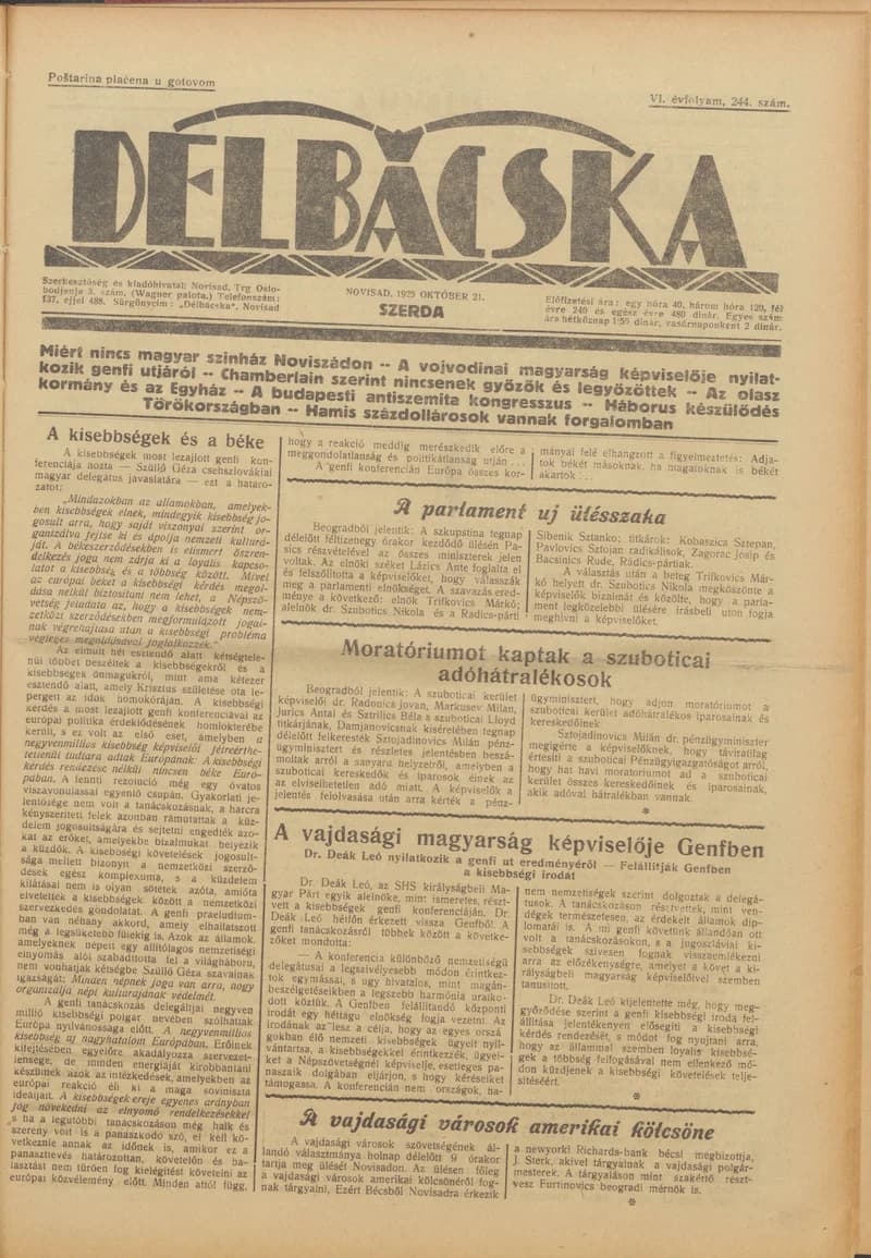 Délbácska, 6. évf. 1925. október 21. 244. sz.