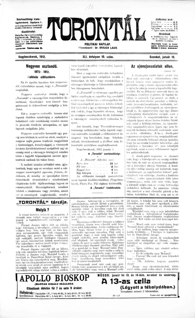 Torontál, 41. évf. 1912. január 13. 10. sz.