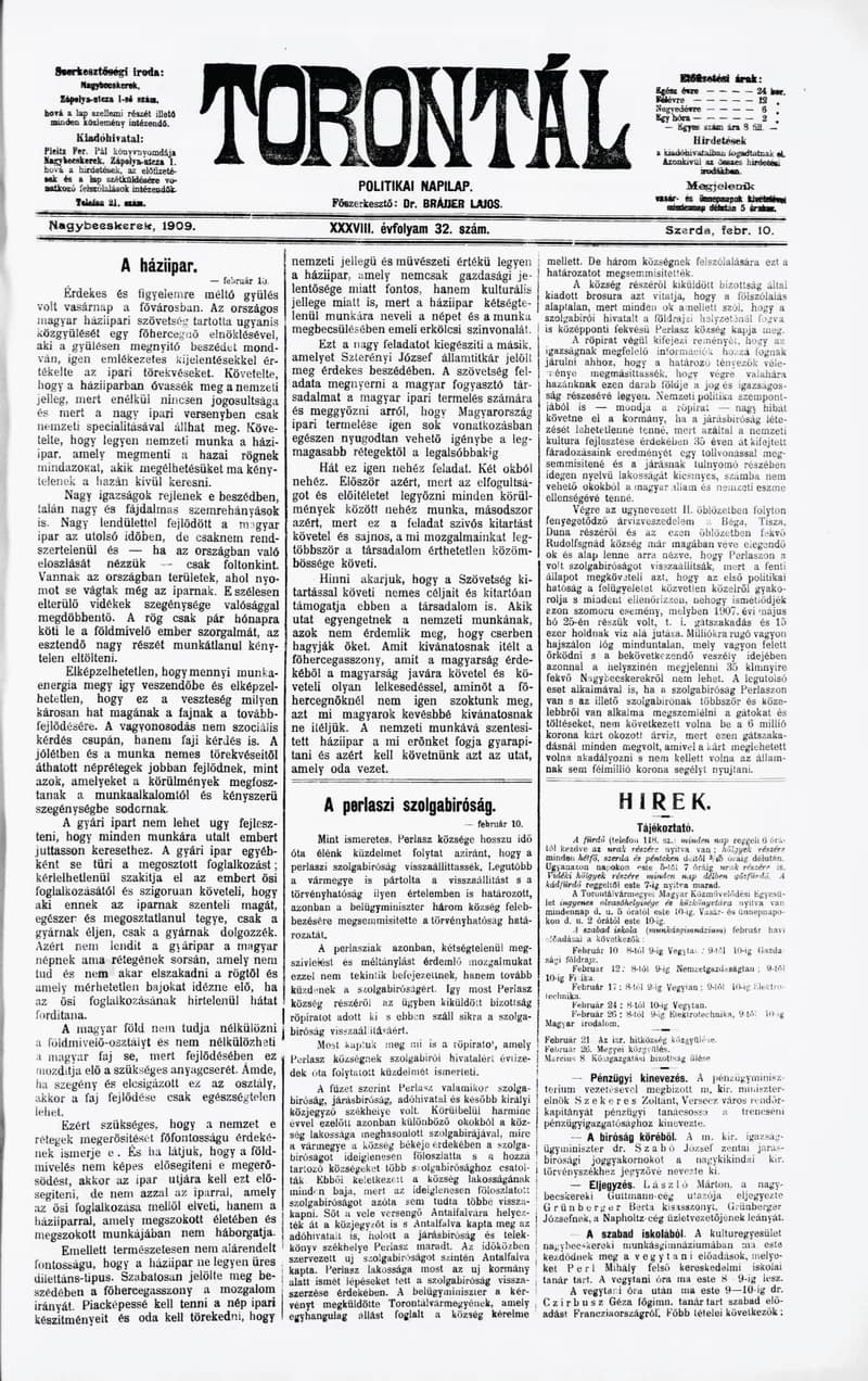 Torontál, 38. évf. 1909. február 10. 32. sz.