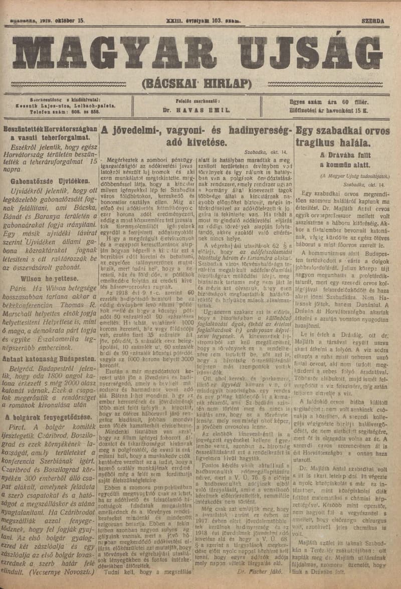 Bácskai Hirlap, 23. évf. 1919. október 15. 103. sz.