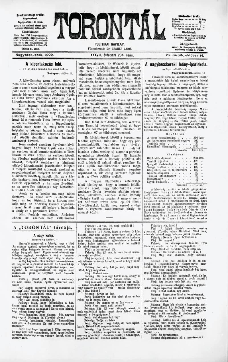Torontál, 38. évf. 1909. október 14. 234. sz.