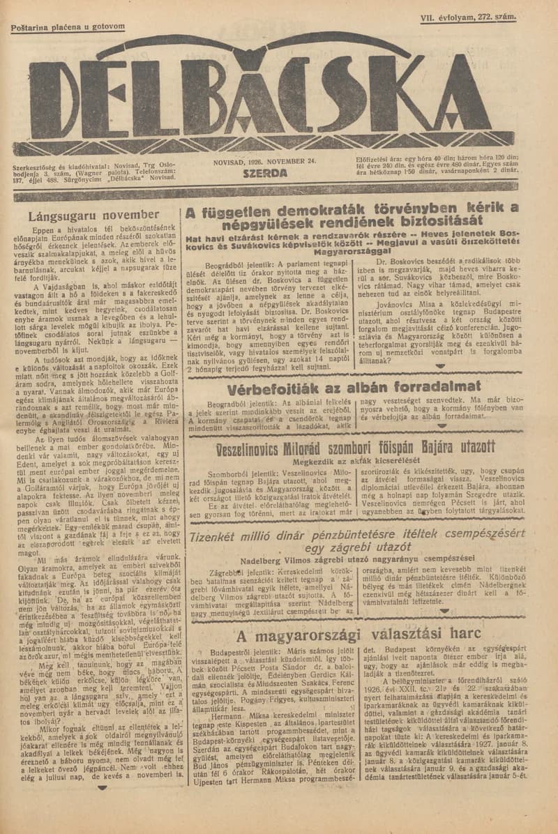 Délbácska, 7. évf. 1926. november 24. 272. sz.