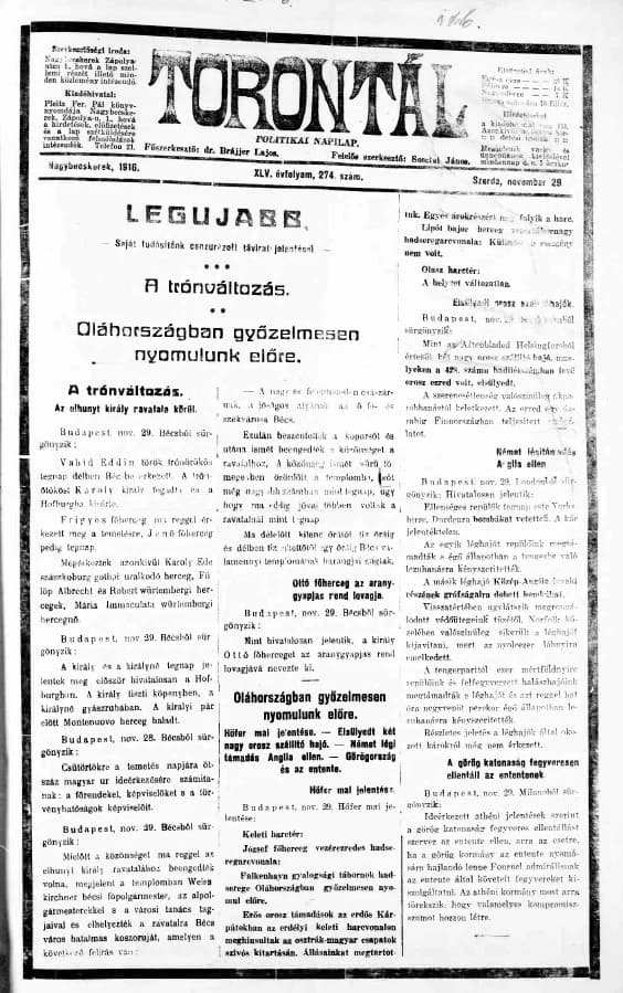 Torontál, 45. évf. 1916. november 29. 274. sz.
