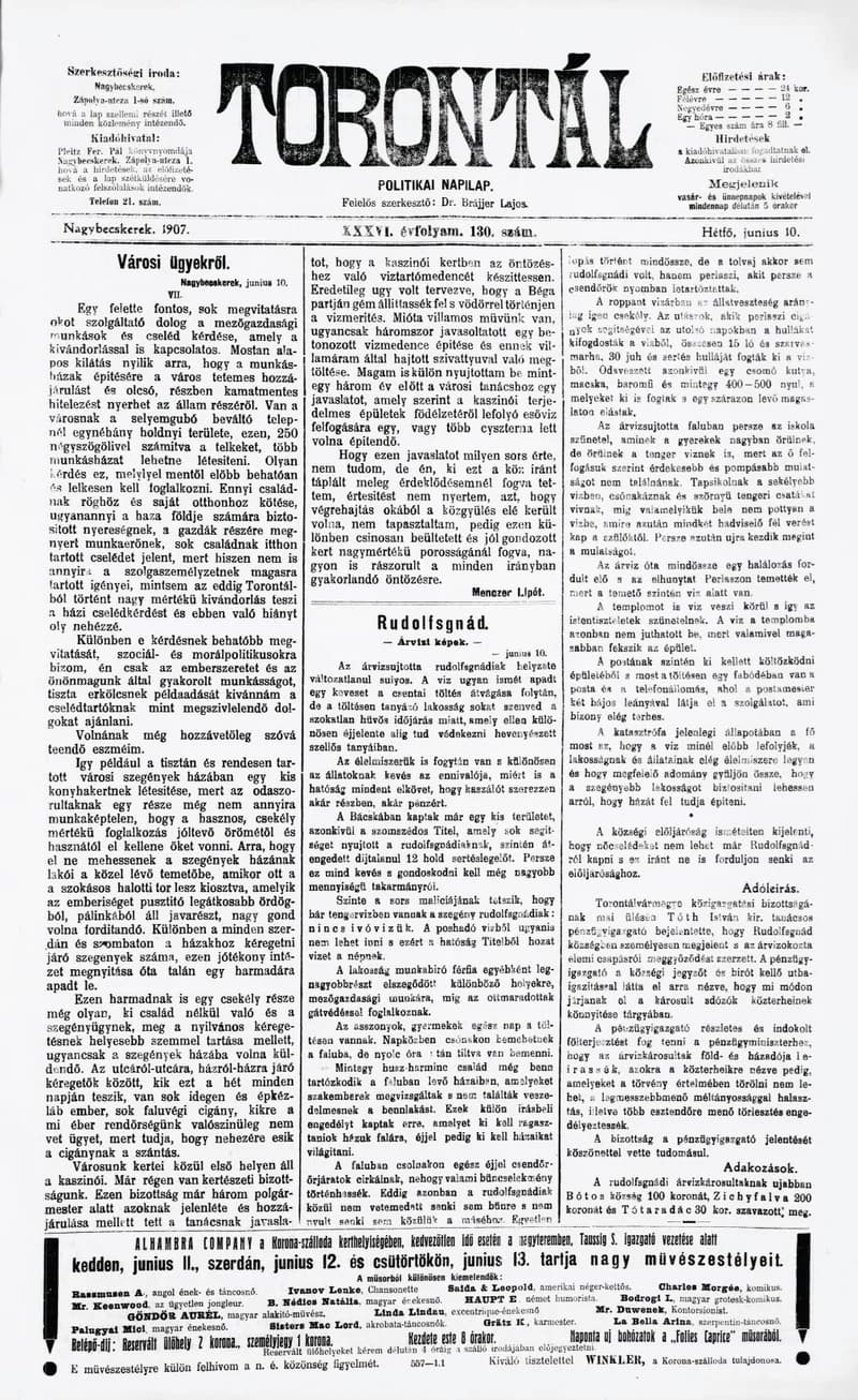 Torontál, 36. évf. 1907. június 10. 130. sz.