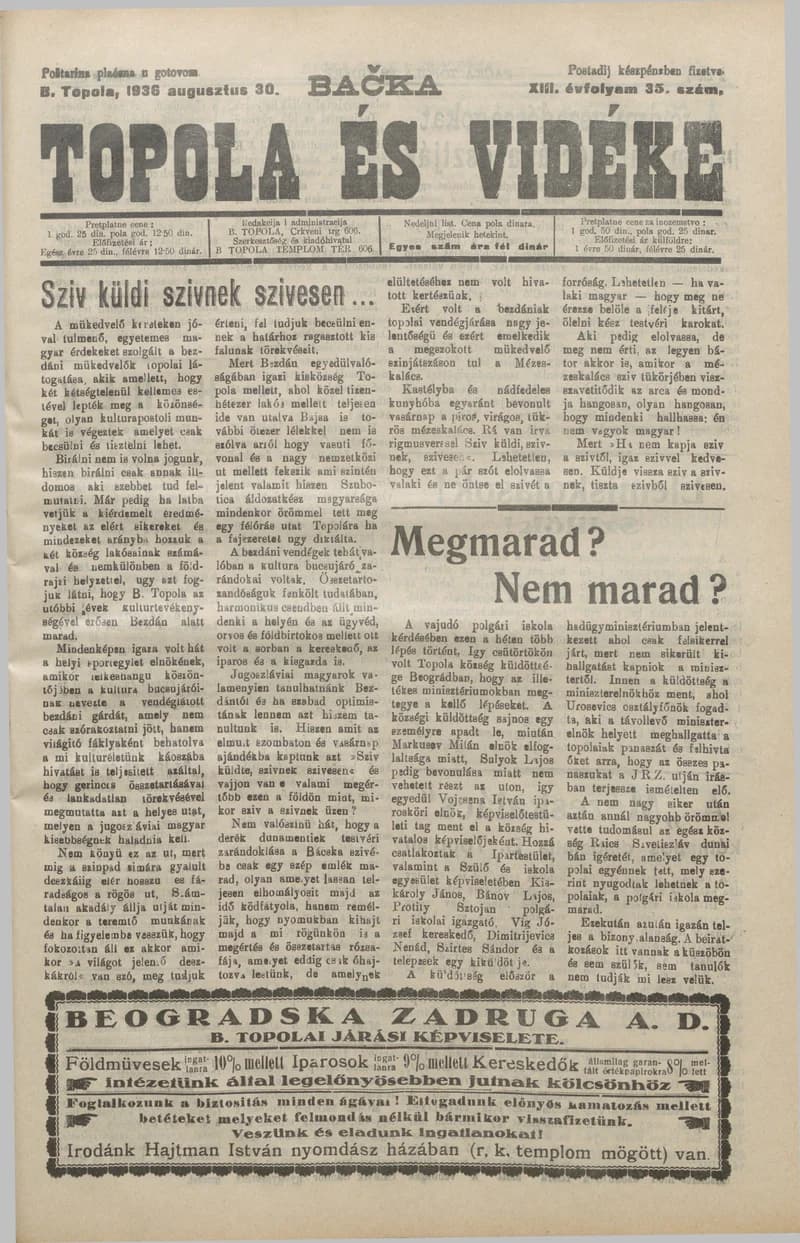 Bačka Topola és Vidéke, 13. évf. 1936. augusztus 30. 35. sz.