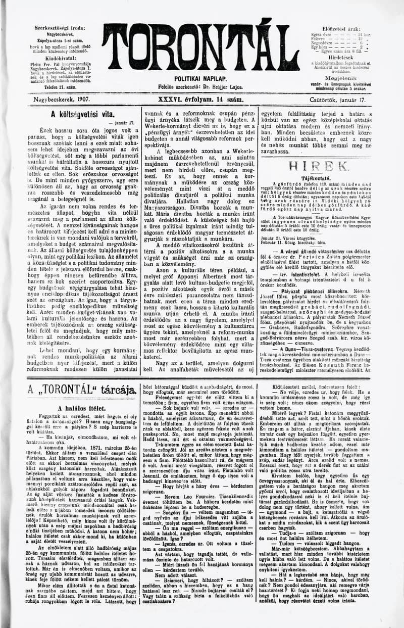 Torontál, 36. évf. 1907. január 17. 14. sz.