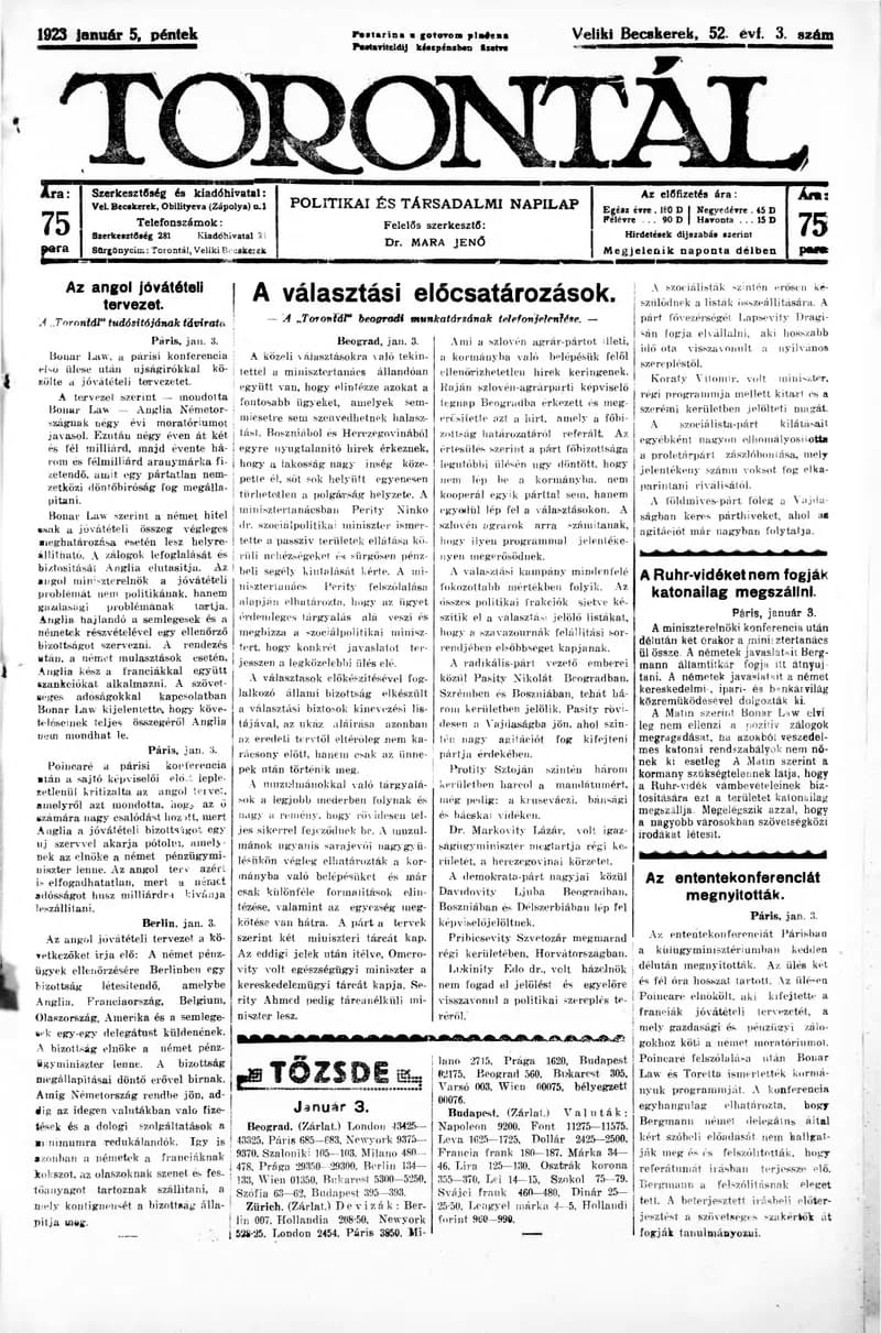 Torontál, 52. évf. 1923. január 5. 3. sz.