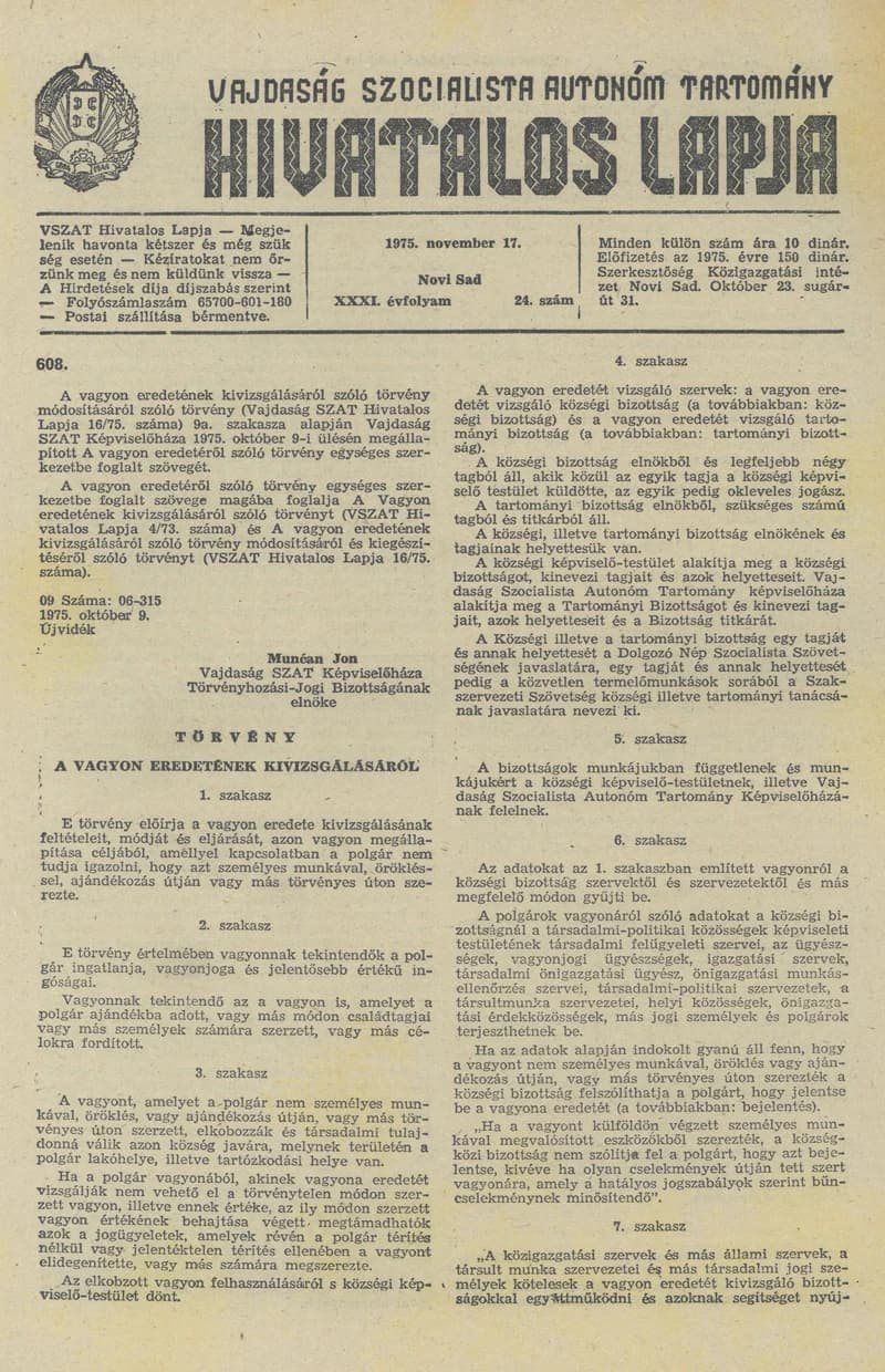 Vajdaság Szocialista Autonóm Tartomány Hivatalos Lapja, 31. évf. 1975. november 17. 24. sz. 1009–1020. oldal