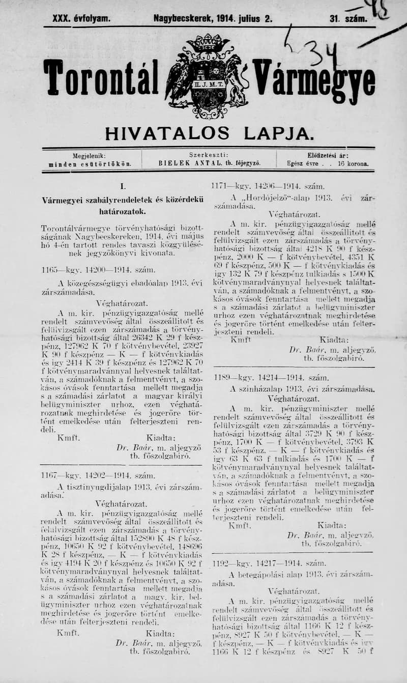 Torontál Vármegye Hivatalos Lapja, 30. évf. 1914. július 2. 31. sz.