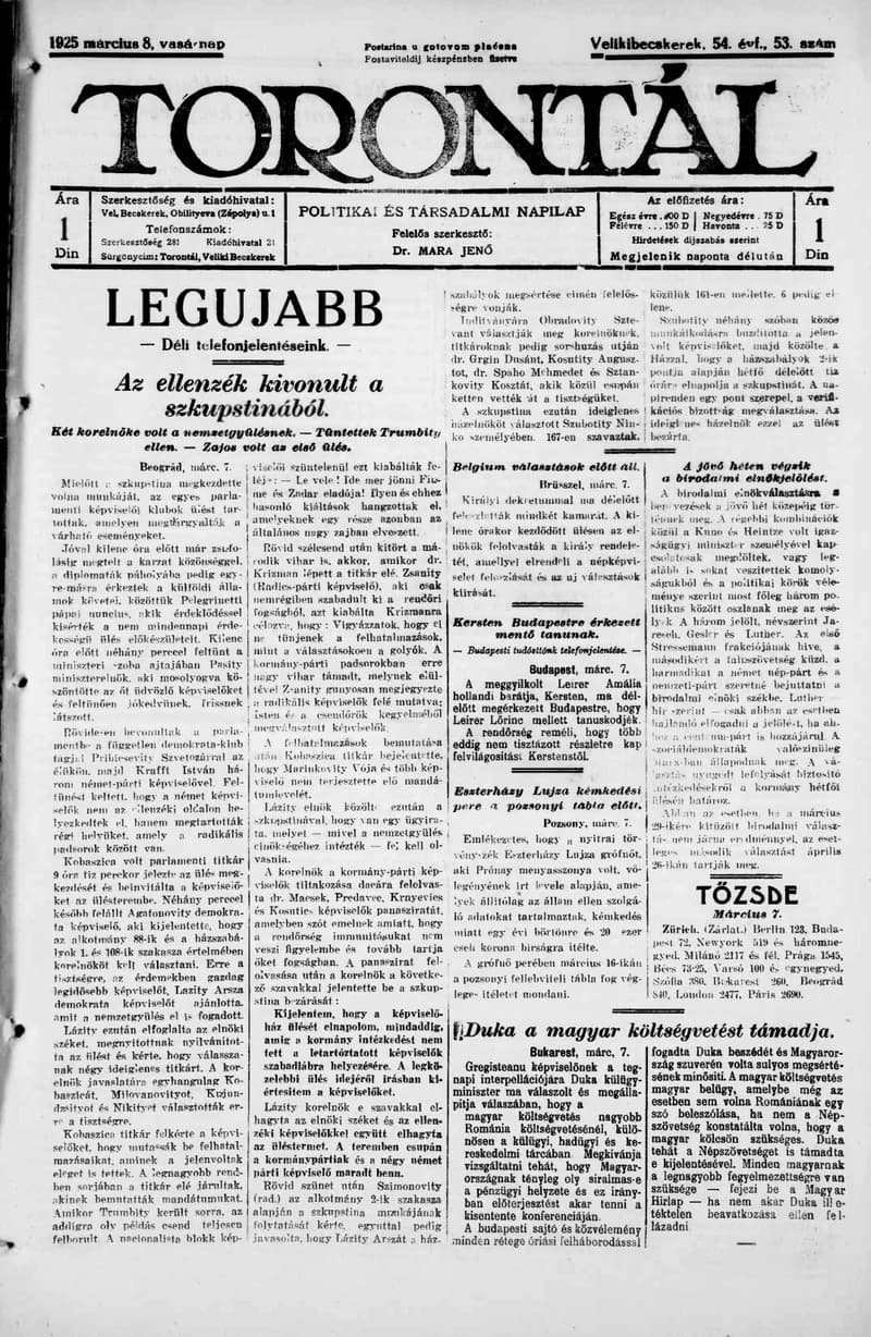 Torontál, 54. évf. 1925. március 8. 53. sz.