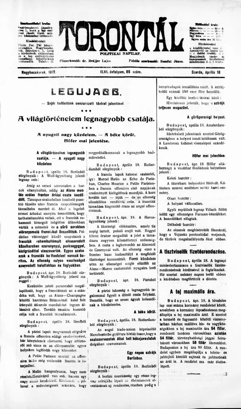 Torontál, 46. évf. 1917. április 18. 89. sz.