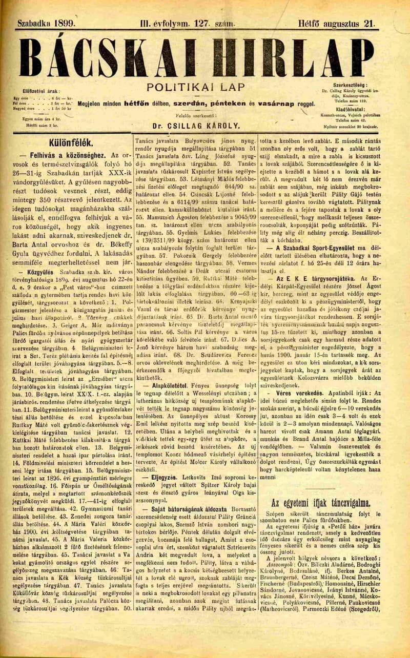 Bácskai Hirlap, 3. évf. 1899. augusztus 21. 127. sz.
