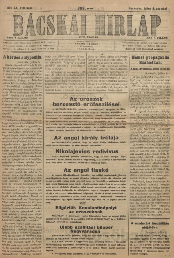 Bácskai Hirlap, 20. évf. 1916. július 8. 308. sz.
