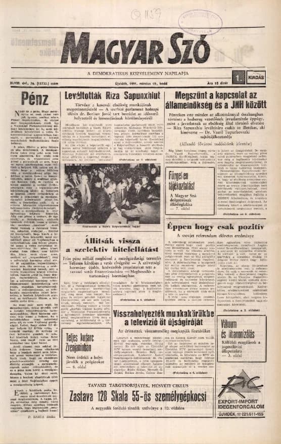 Magyar Szó, 48. évf. 1991. március 20. 77. sz. 1–20. oldal