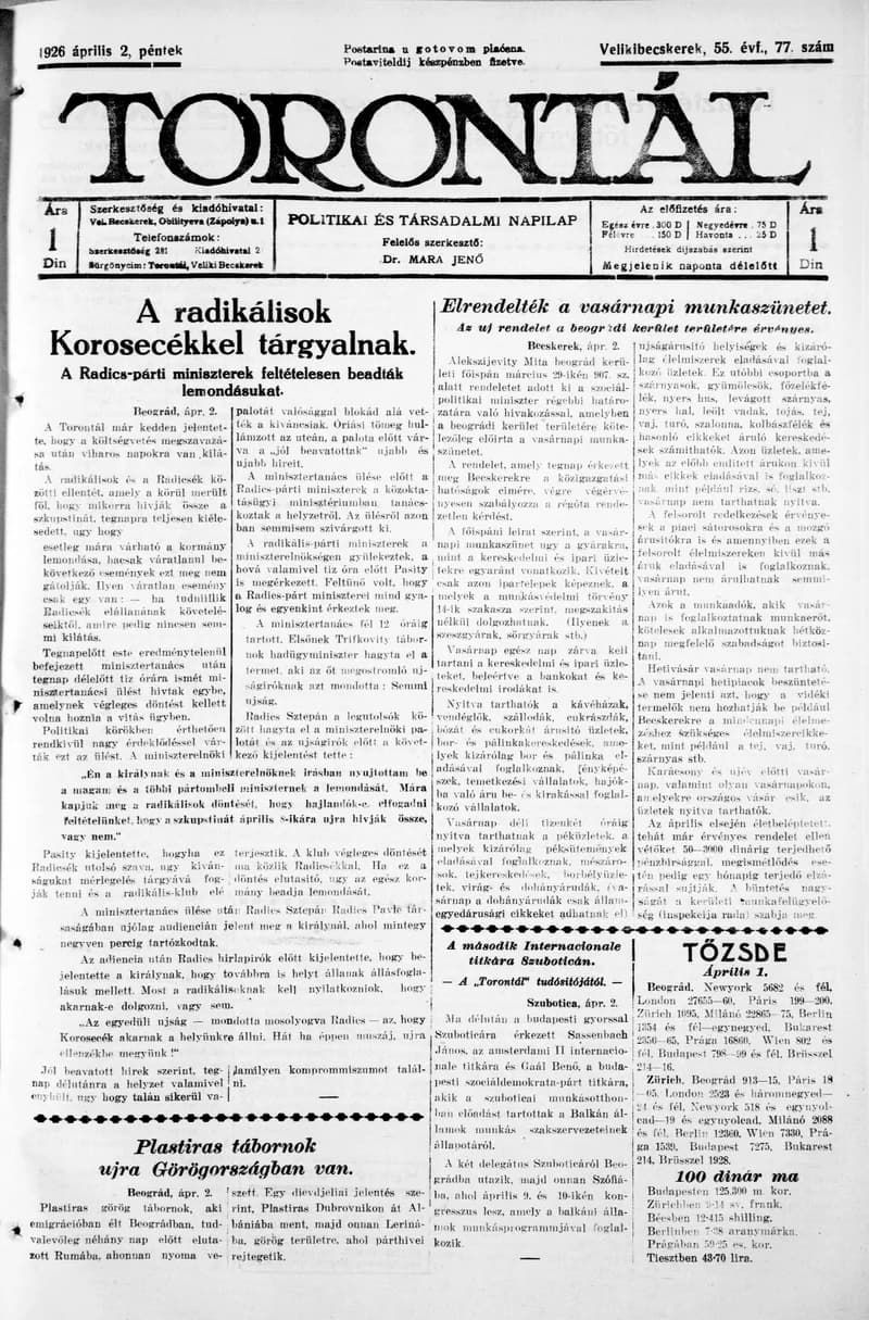 Torontál, 55. évf. 1926. április 2. 77. sz.