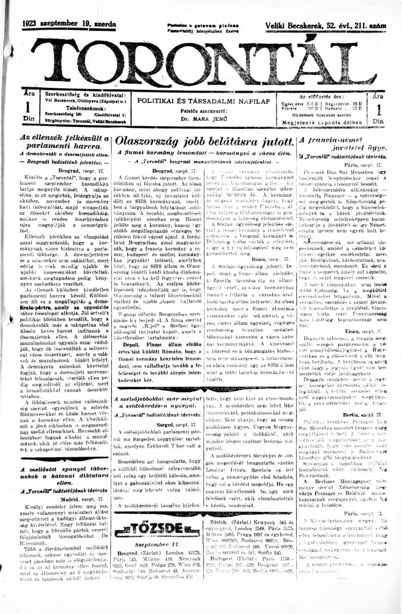 Torontál, 52. évf. 1923. szeptember 19. 211. sz.