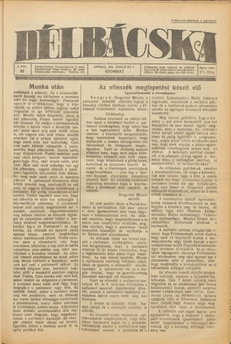 Délbácska, 5. évf. 1924. április 5. 82. sz.