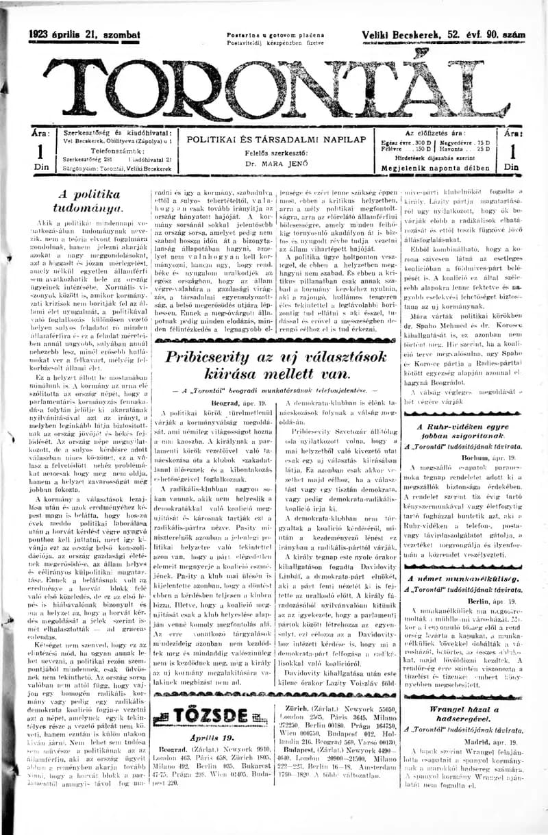 Torontál, 52. évf. 1923. április 21. 90. sz.