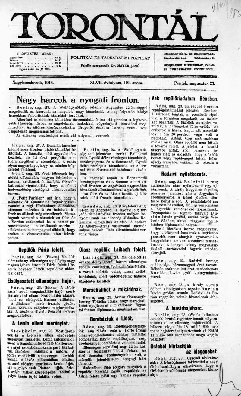 Torontál, 47. évf. 1918. augusztus 23. 191. sz.