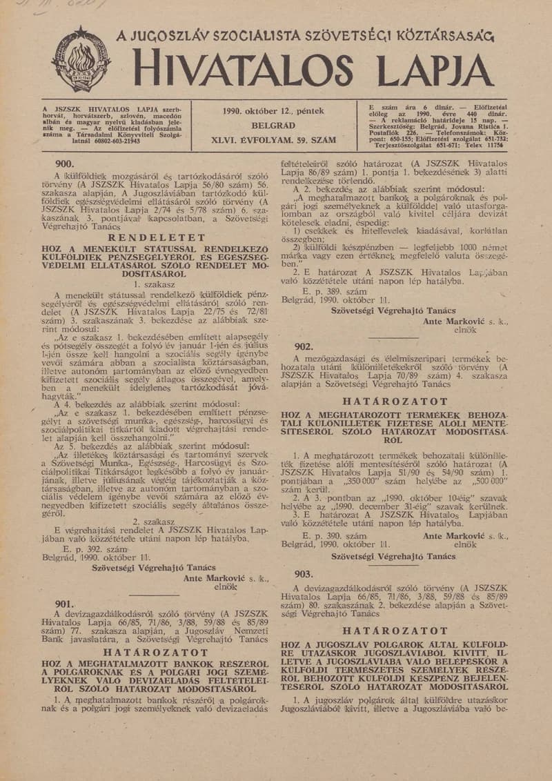 A Jugoszláv Szocialista Szövetségi Köztársaság Hivatalos Lapja, 46. évf. 1990. október 12. 59. sz. 1829–1844. oldal