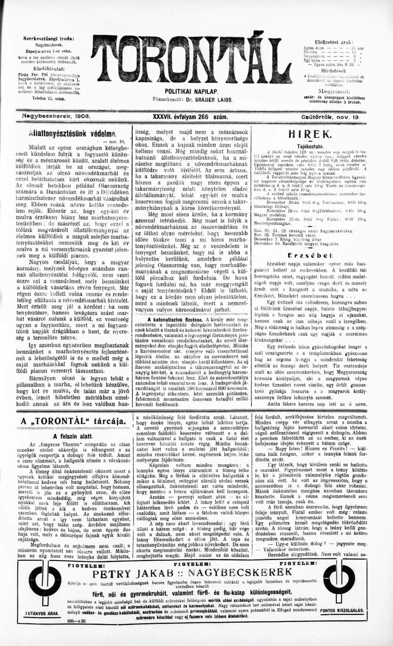 Torontál, 37. évf. 1908. november 19. 266. sz.
