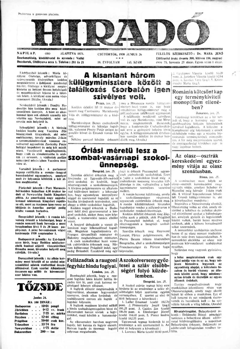 Híradó, 59. évf. 1930. június 26. 145. sz.