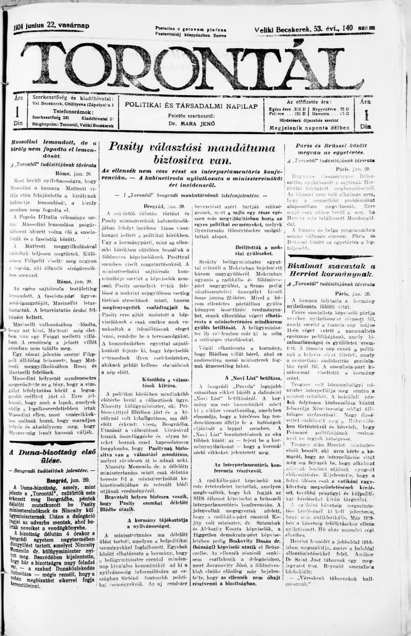 Torontál, 53. évf. 1924. június 22. 140. sz.