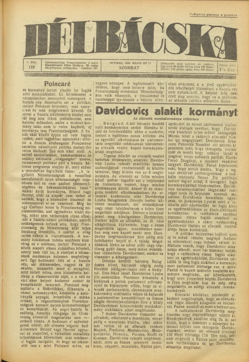 Délbácska, 5. évf. 1924. május 17. 116. sz.