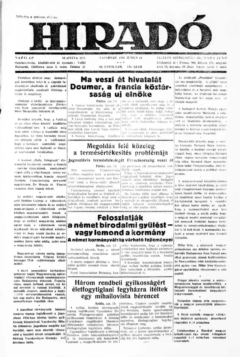 Híradó, 60. évf. 1931. június 14. 134. sz.