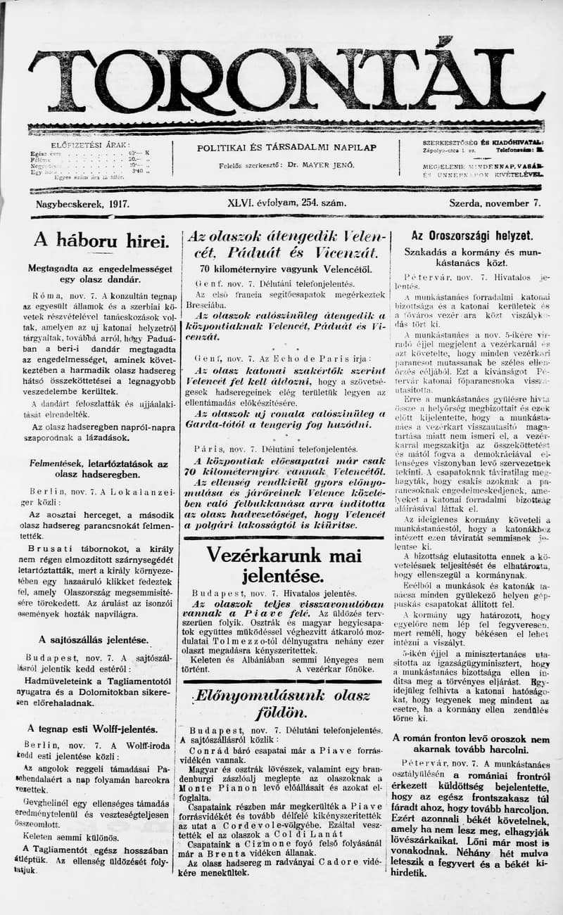 Torontál, 46. évf. 1917. november 7. 254. sz.