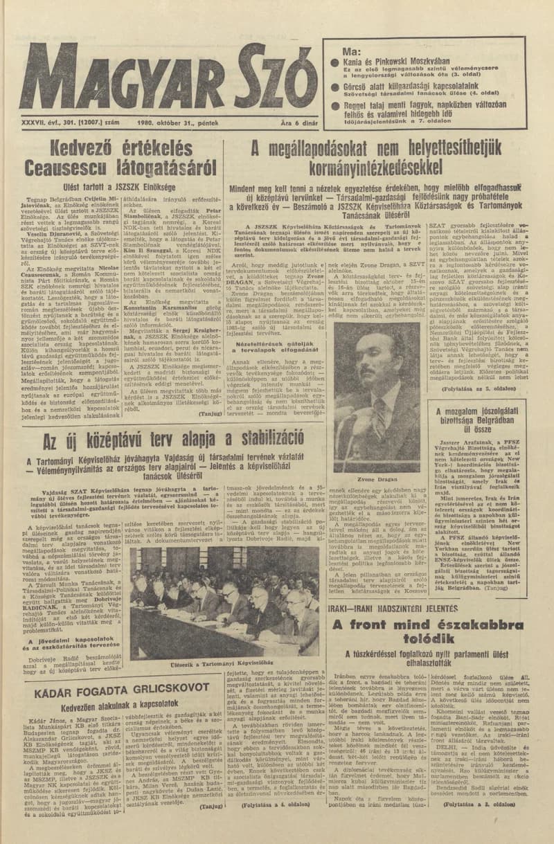 Magyar Szó, 37. évf. 1980. október 31. 301. sz. 1–20. oldal