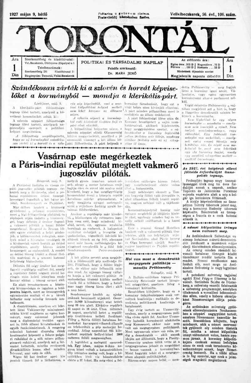 Torontál, 56. évf. 1927. május 9. 106. sz.